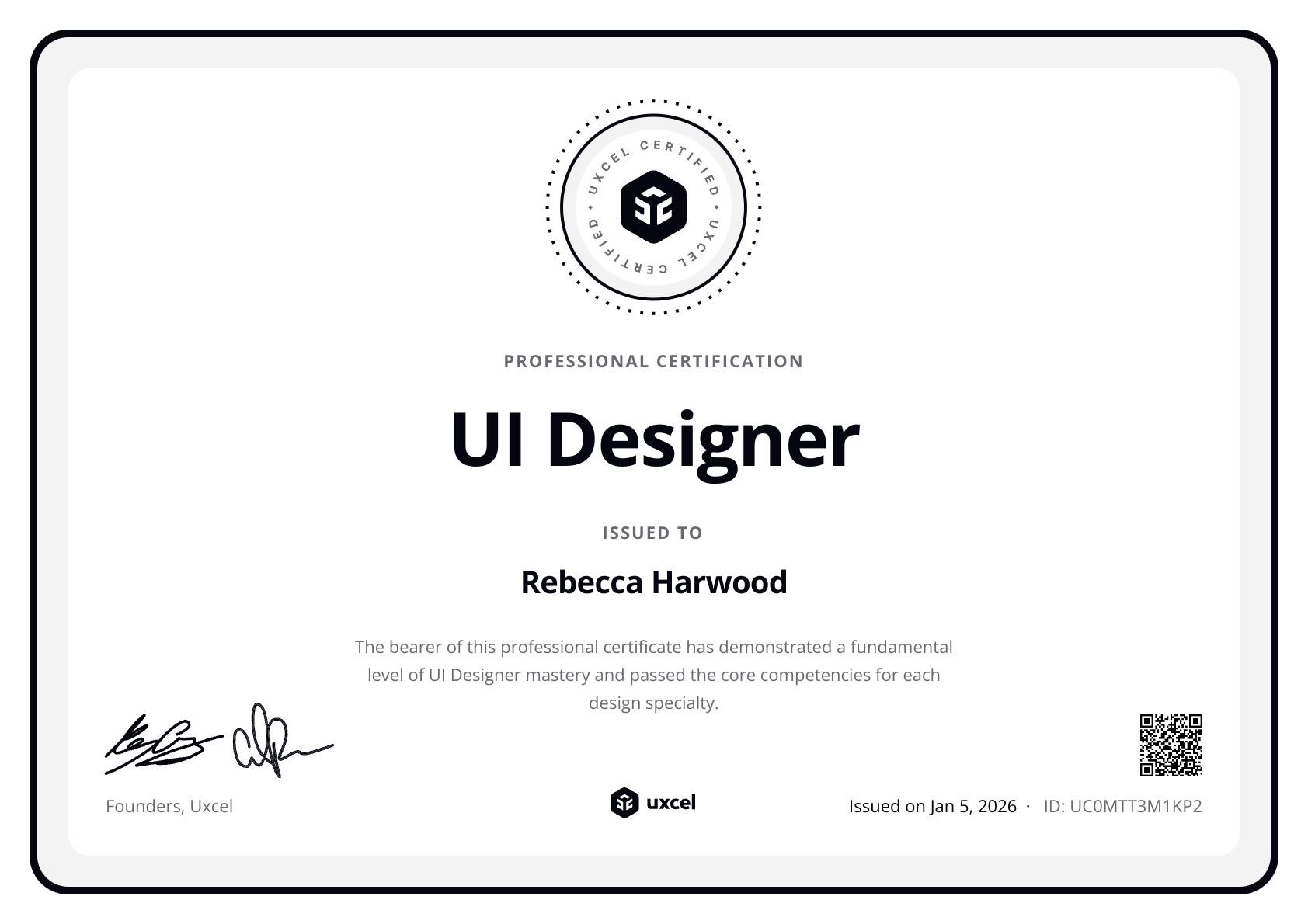 Rebecca Harwood's certificate